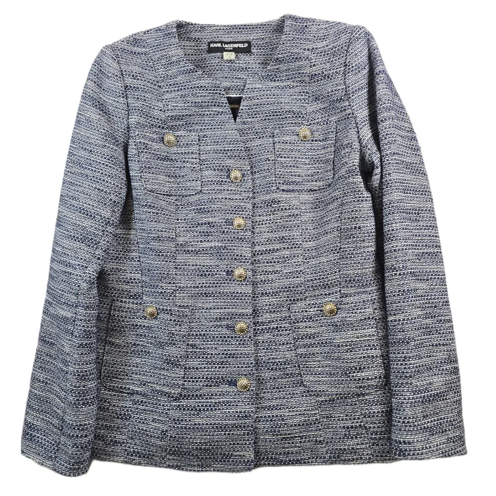 Karl Lagerfeld Paris Tweed Blazer Womens 10 Blue White Gold Button Jacket Luxury
